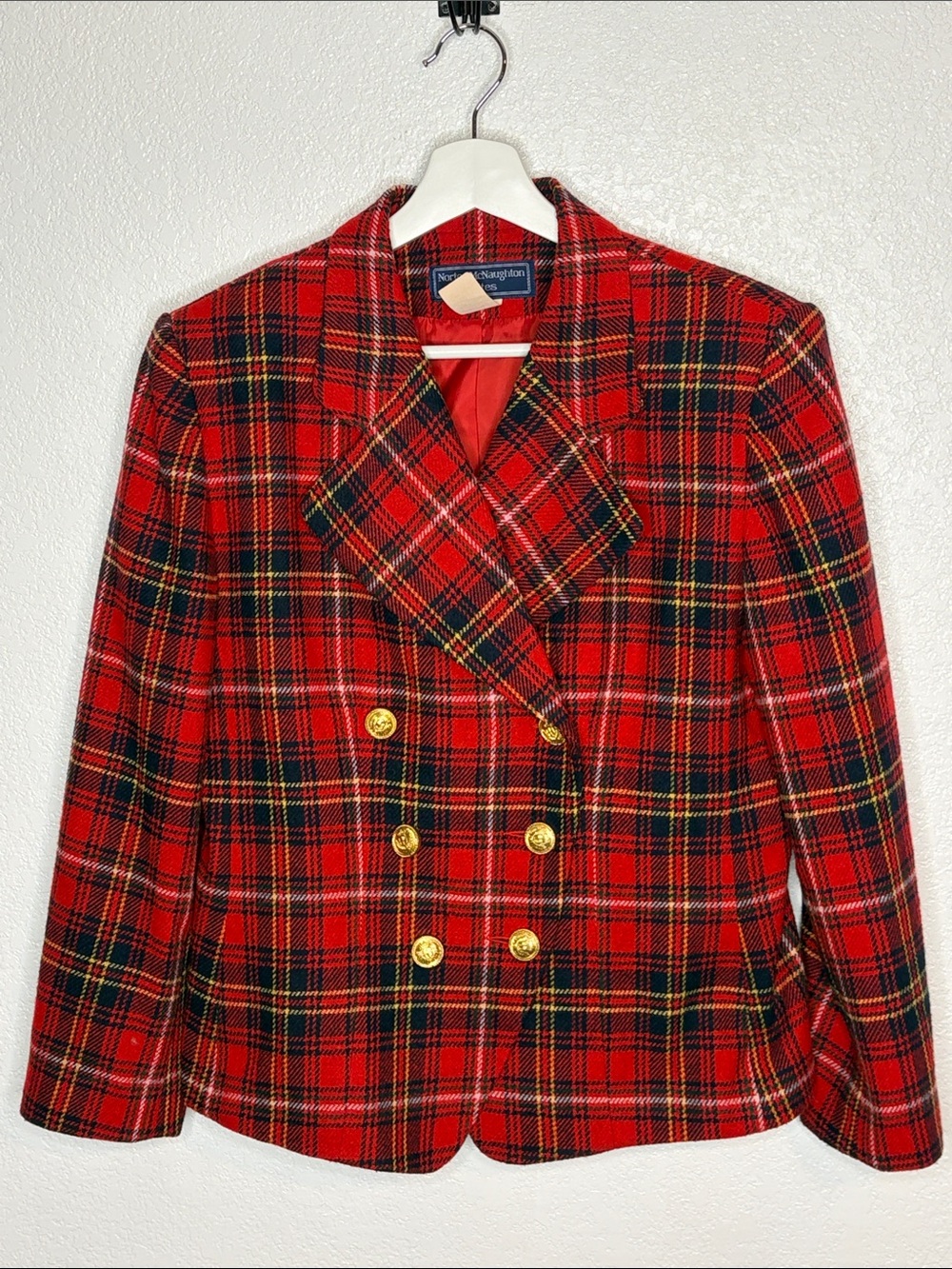 Vintage Norton McNaughton Red Classic Plaid Wool Blazer Gold Buttons Size 10 P